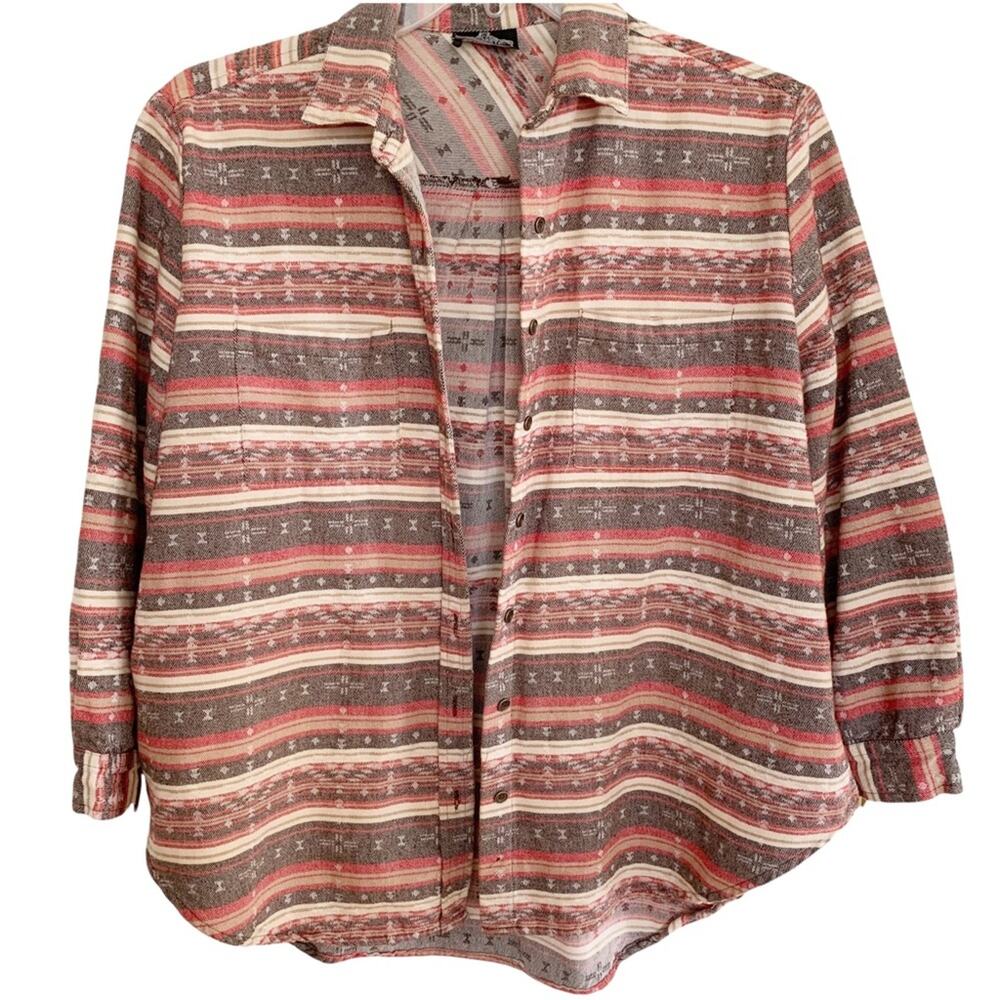 Angie Aztec Stripe Cotton Twill Button Front Shirt Shacket Large